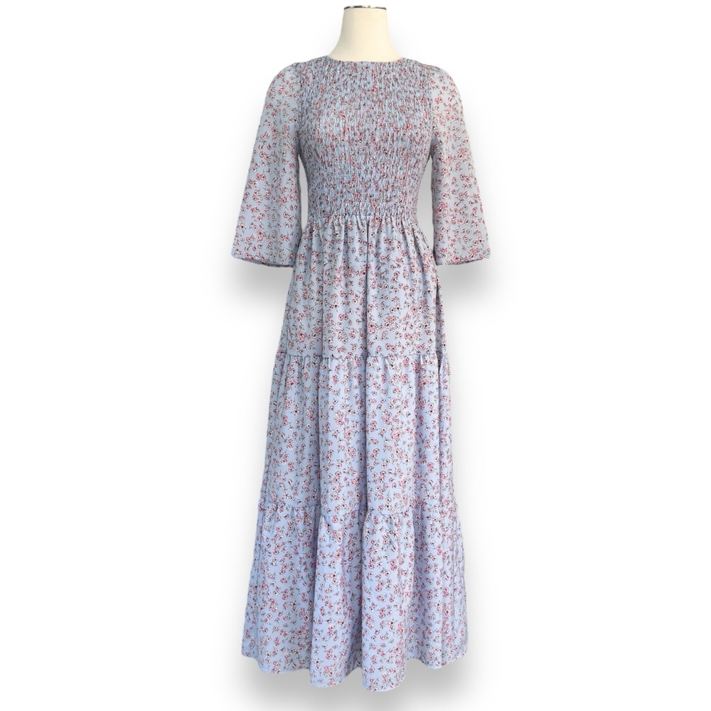 Melloday floral smocked bodice tiered skirt maxi dress, size small